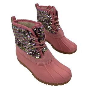 Olivia Miller Pink Sequin Faux Fur Lined Lace Up Boots Size 1 Girl’s